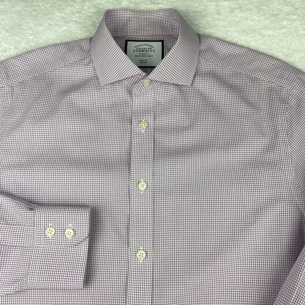 Charles Tyrwhitt Dress Shirt Mens 15.5-33 Mauve Checks Slim‎ Fit No Iron